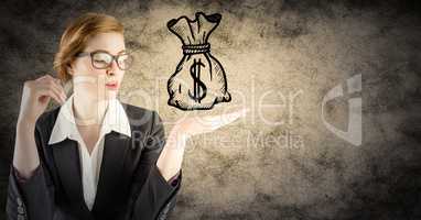 Business woman with money doodle in hand against brown grunge background