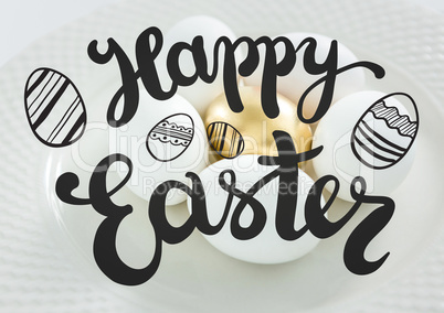 Grey easter graphic against white and gold eggs on plate