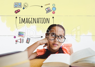 Young girl iwth books thinking and Imagination text with drawings graphics