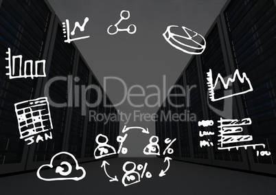 Hall of servers with white business doodles and grey overlay
