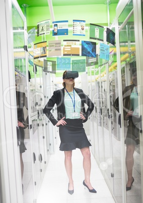 Businesswoman and servers wearing VR Virtual Reality Headset with Interface