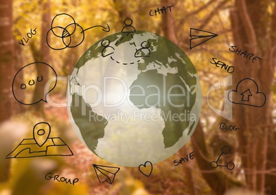 3D earth and graphic about internet with forest background