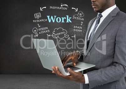 Businessman on laptop with Work text with drawings graphics