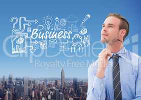 Businessman holding glasses and Business text with drawings graphics