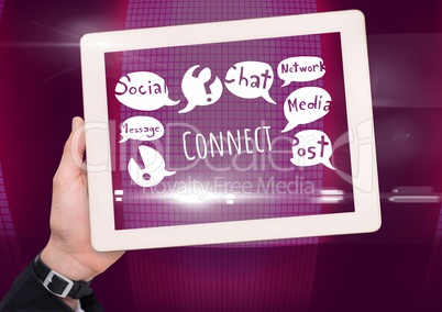 Hand with tablet and Connect text with drawings graphics
