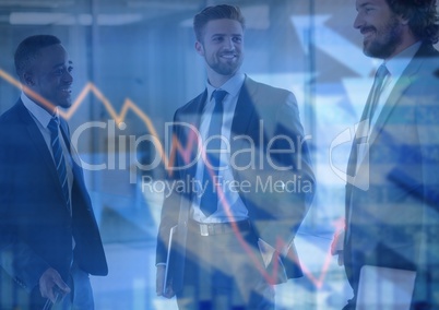 Three business men with chart and arrows graphic overlay