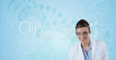 Happy doctor (women) with blue molecule background