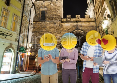 group of friends with the mobile. Emoji heads.