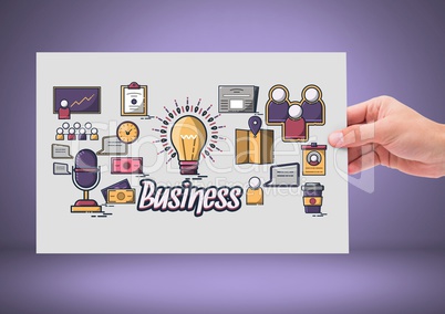 Hand holding card with business icons graphics