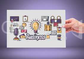 Hand holding card with business icons graphics