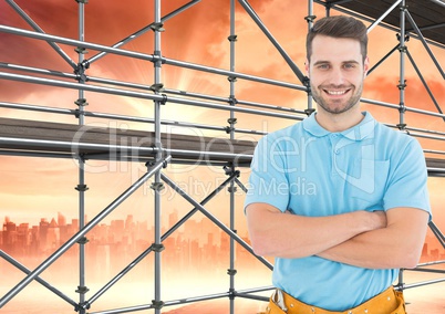 Happy men in front of 3D scaffolding with city background