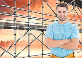 Happy men in front of 3D scaffolding with city background