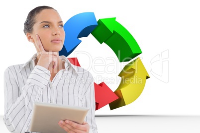 Thoughtful businesswoman holding digital tablet against arrows