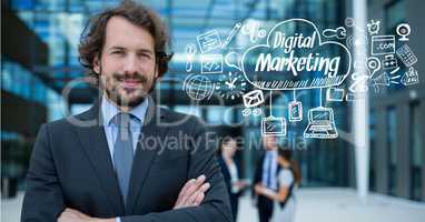 Portrait of confident businessman with digital marketing and graphics