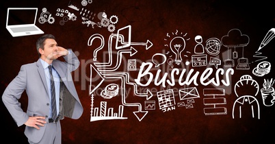 Thoughtful businessman with icons surrounding business text