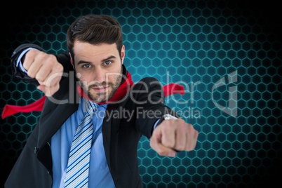 Portrait of businessman gesturing while standing against patterned background