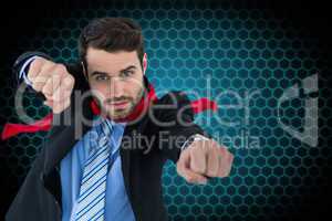 Portrait of businessman gesturing while standing against patterned background