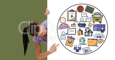 Digital composite image of woman pointing at icons on bill board