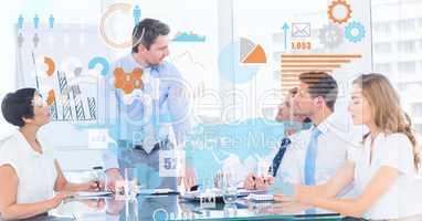 Digital composite image of futuristic screen over business people in meeting