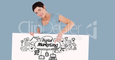 Woman pointing at digital marketing text and signs on bill board