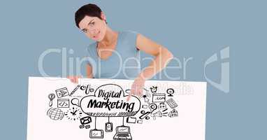 Woman pointing at digital marketing text and signs on bill board