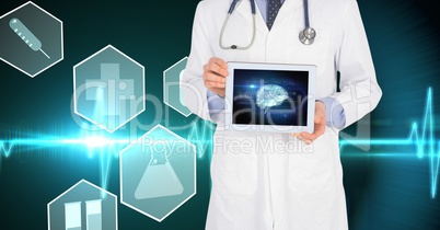 Midsection of doctor showing brain structure on tablet PC against virtual screen