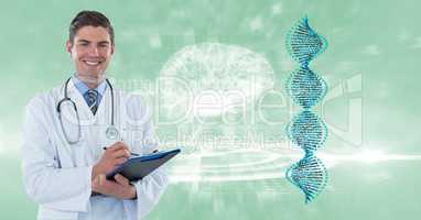 Digital composite image of doctor with clipboard by DNA and brain structures