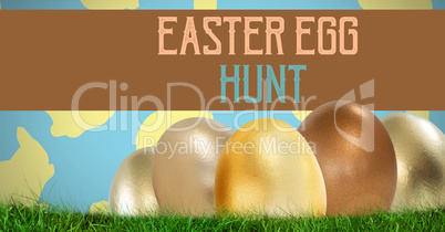 Easter Egg Hunt text with aster eggs in front of pattern
