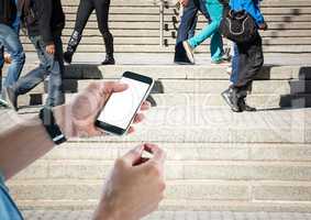 Men hands with phone in stairs