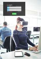 Woman wearing VR Virtual Reality Headset with Login Interface