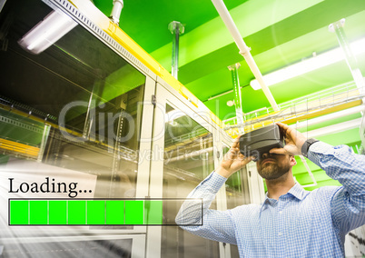 Man wearing VR Virtual Reality Headset with Loading Interface and servers