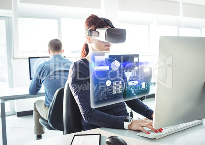 Woman wearing VR Virtual Reality Headset with Interface