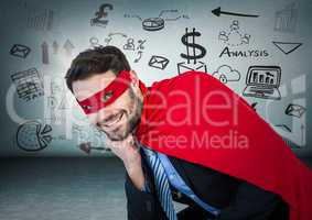 Business man superhero with head on hand against blue wall with business doodles and flare