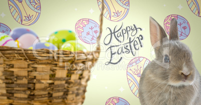 Happy Easter text with Easter Rabbit with eggs basket in front of pattern