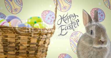 Happy Easter text with Easter Rabbit with eggs basket in front of pattern