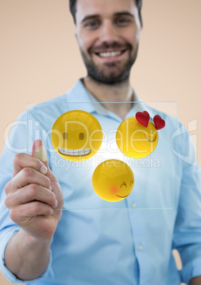 Business man with glass device and emoji with flare against cream background