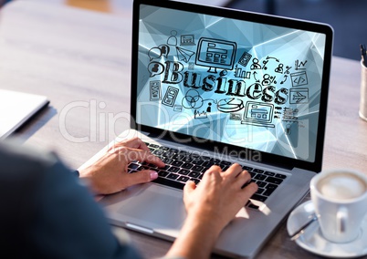 Hands on laptop with black business doodles against blue vector mesh