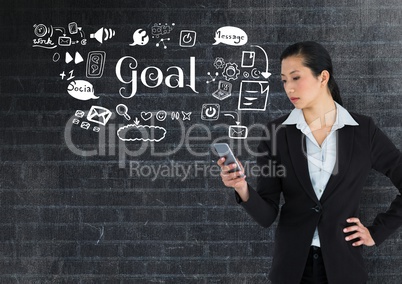 Businesswoman on phone with Goal text with drawings graphics