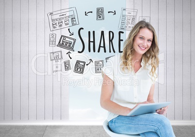 Woman with tablet and Share text with drawings graphics