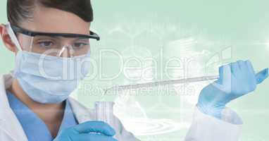 scientist working with test tube and with skeleton background