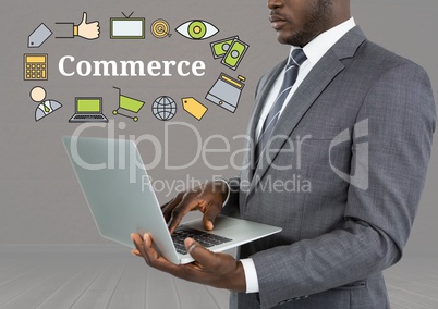 Man with laptop and Commerce text with drawings graphics