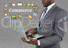 Man with laptop and Commerce text with drawings graphics
