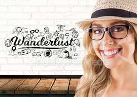 Happy woman in hat and Wanderlust holiday text with drawings graphics