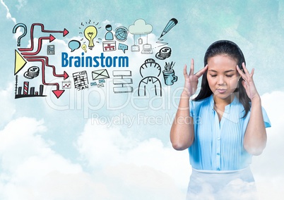Woman with hands touching head and Brainstorm text with drawings graphics