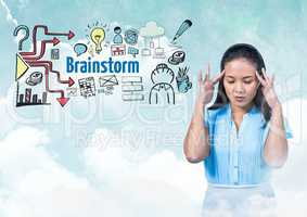 Woman with hands touching head and Brainstorm text with drawings graphics