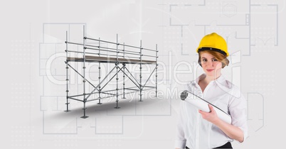 Architect woman besaide 3D scaffolding with blueprint background