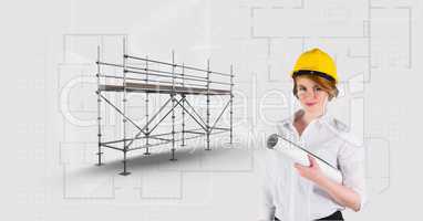 Architect woman besaide 3D scaffolding with blueprint background