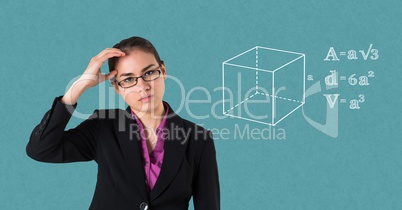 Businesswoman suffering from headache by equations on blue background