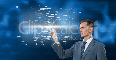 Digitally generated image of businessman touching futuristic screen