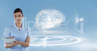 Digitally generated image of female doctor writing on clipboard with brain vector in background
